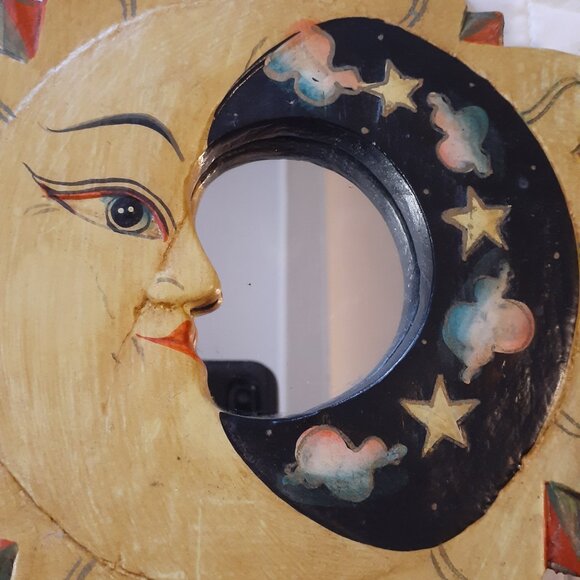 Vintage Wooden Sun and Moon Mirror - Picture 7 of 9